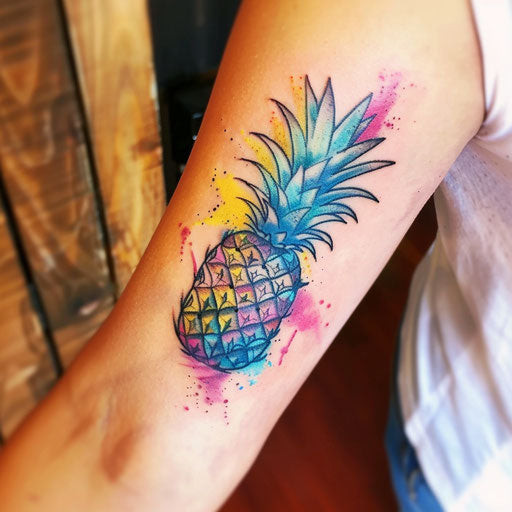 Watercolor pineapple tattoo with pink, blue, and yellow splashes