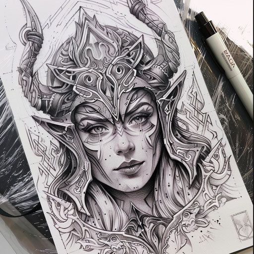 Neo-traditional flat tattoo sketch of Freya with ornate Norse carvings