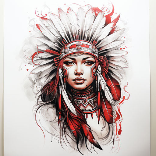 Native girl's head, white red style, tattoo feather details, Indian scenes