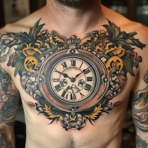 Tattoo of a steampunk clock with cogs