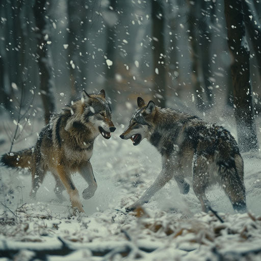 Wolves playing in the falling snow