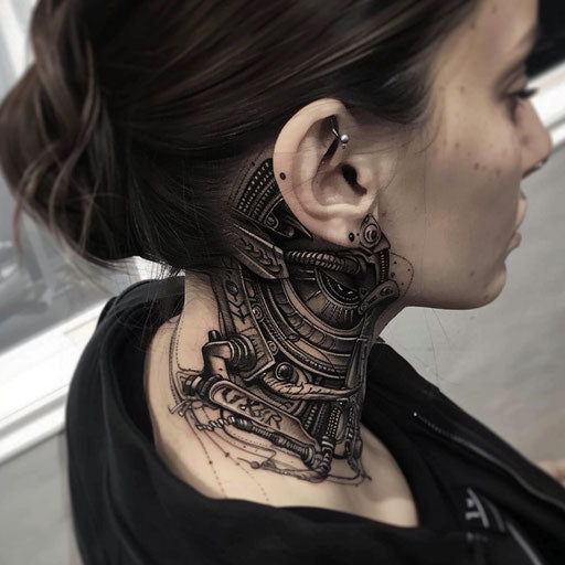 Neck tattoos for females with mechanical elements