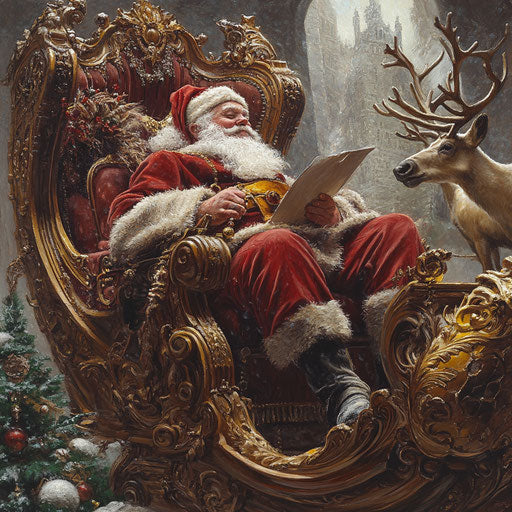 Santa Claus checking his list in his ornate sleigh, reindeer ready to take off