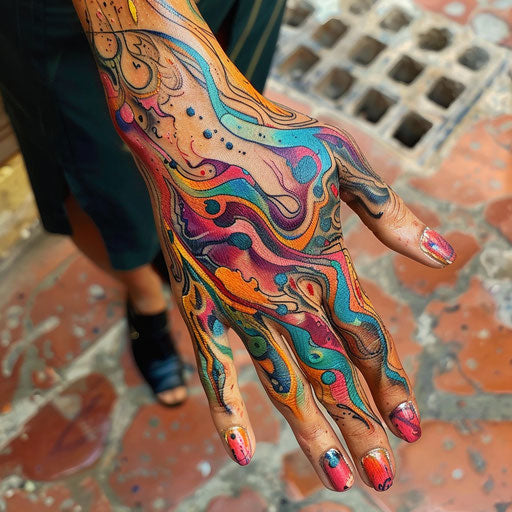 Abstract and colorful hand tattoo for women symbolizing empowerment