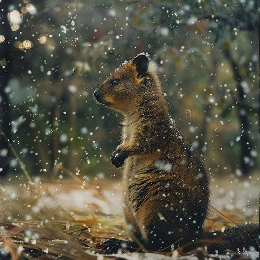 Quokka watching first snowflakes of winter in a woodland