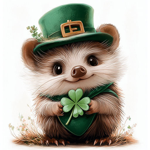 St. Patrick's Day, cute hedgehog dressed in green with clover and leprechaun hat
