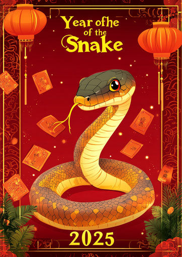 Cute snake print with golden frame, red background, 2025