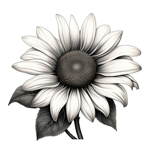 Black and white sunflower drawing, warmcore, cottagepunk style