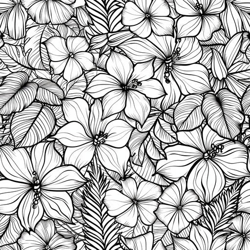 Detailed pattern of leaves and flowers in a jungle theme. Coloring book page