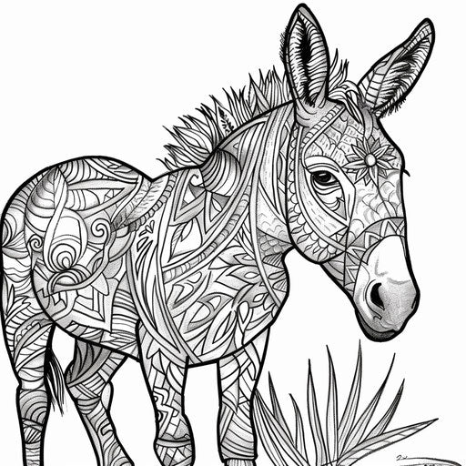 Complex, patterned illustration of a donkey with abstract designs. Coloring book page