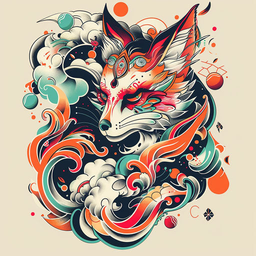 Festive flat tattoo sketch of a traditional Japanese kitsune