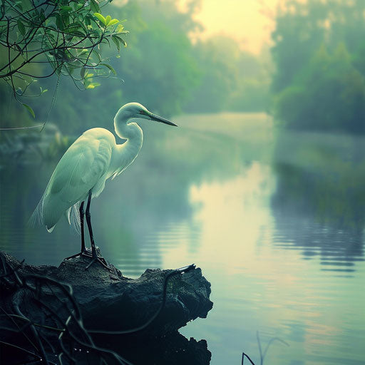 Egret near a tranquil pond, Paul Souders style