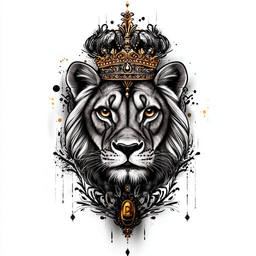 Tattooed queen with lioness and crown in black and gold