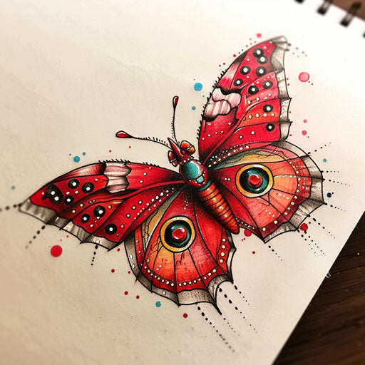 Playful red butterfly with cartoonish eyes and colorful dots