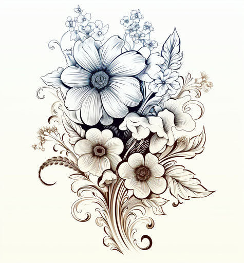 Floral drawing with flourishes and swirls