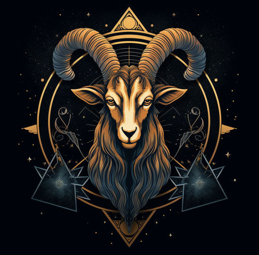 Goat head with triangle and moon, geometry-inspired art with zen and alchemy influence