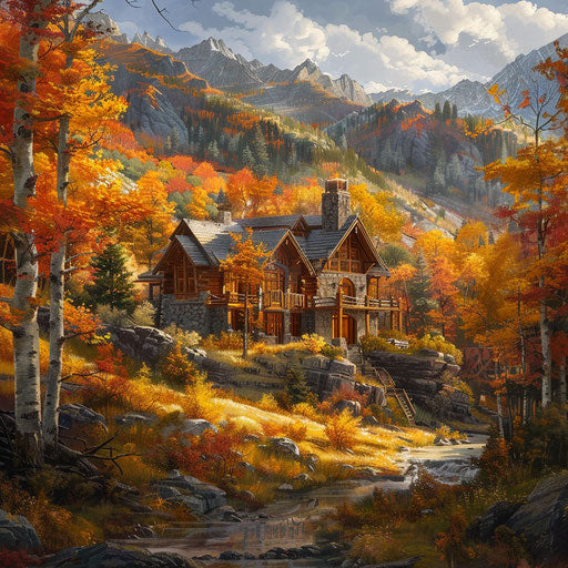 Mountain retreat amidst colorful autumn leaves