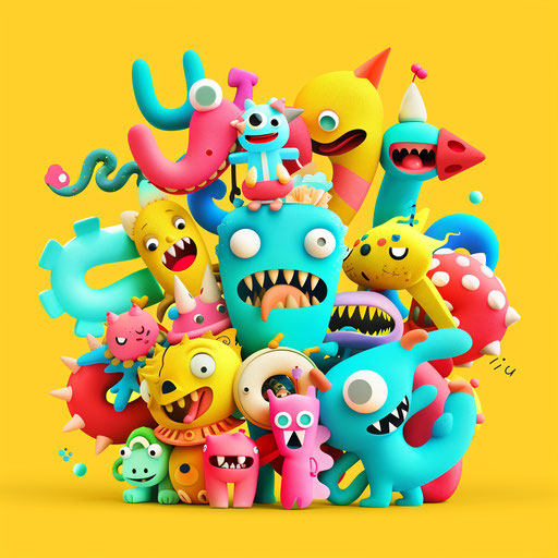 Brand logo with whimsical characters and bright colors