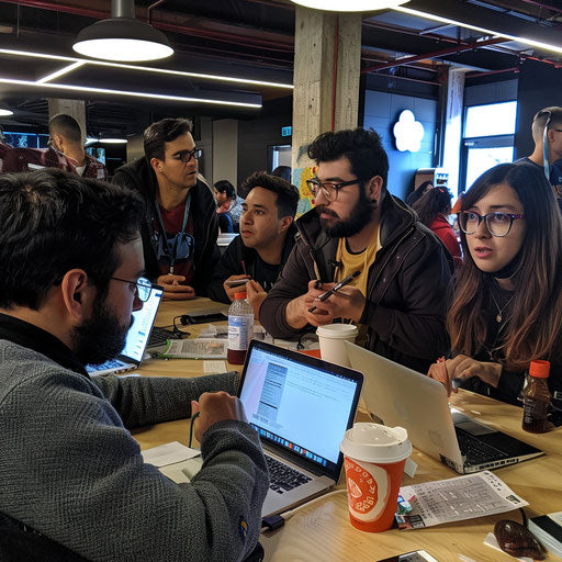 Business images depicting idea exchange at a tech hackathon