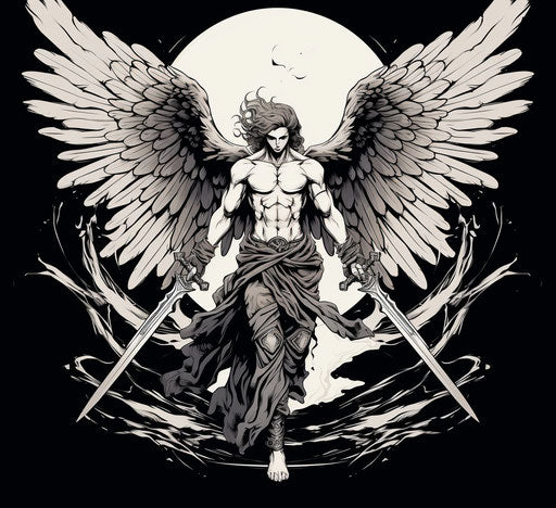 Angel wings with a sword in graphic black style