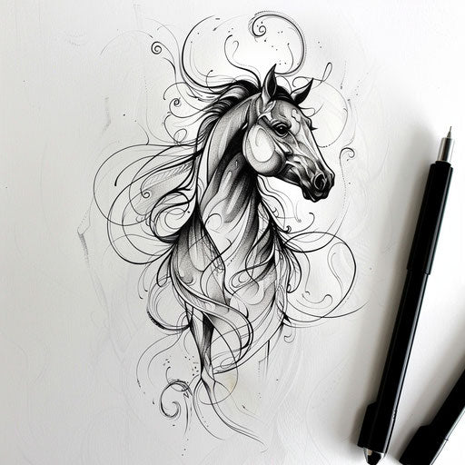 Flat tattoo sketch of a dark horse with elegant, swirling calligraphic lines