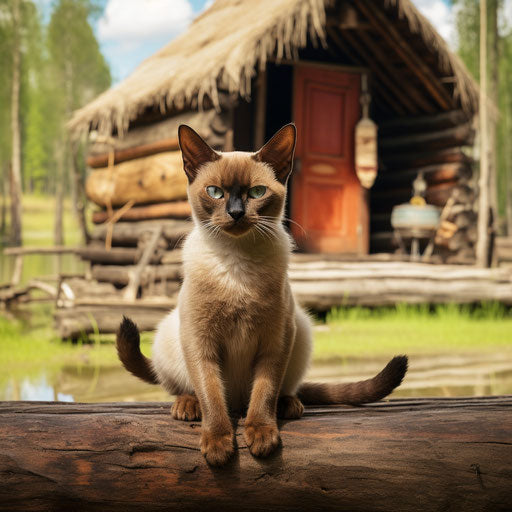 Burmese cat sitting in front of a log cabin
