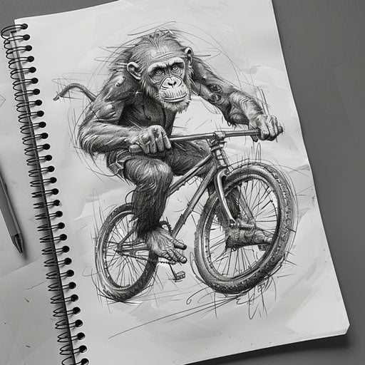 Sketch of a monkey riding a unicycle, playful and dynamic circus theme tattoo on white paper.