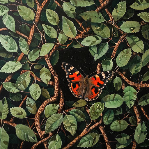 Red admiral butterfly navigating through labyrinth of green leaves