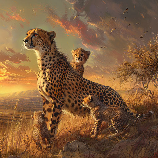 Cheetah mother teaching cubs to hunt in the savannah hills
