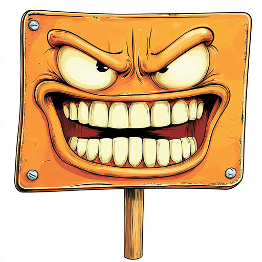 Humorous caricature of a sign with exaggerated human characteristics and a smiling mouth