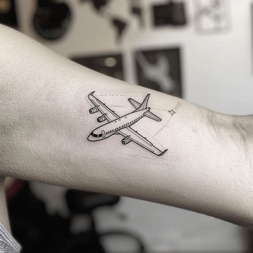 Small plane fine line tattoo in the style of Humberto Ramos