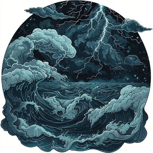 Dramatic tattoo of stormy sea with lightning, dark blues and grays