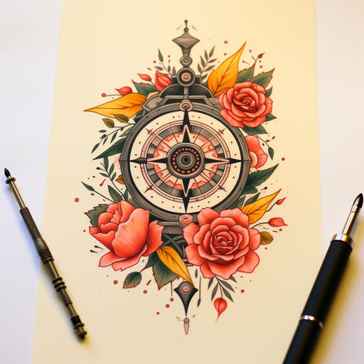 Tattoo of compass and flowers, light yellow and red style
