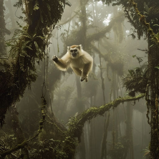 Yunnan snub-nosed monkey leaping between ancient moss-covered trees in a foggy forest