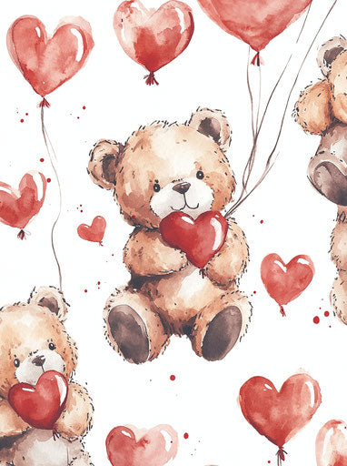 Teddy bear surrounded by heart balloons in soft watercolor