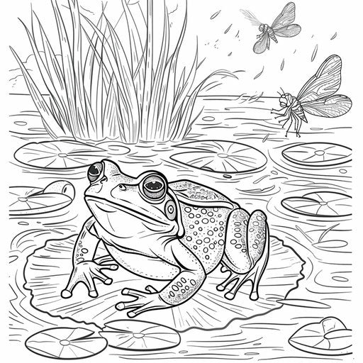 A happy frog on a lily pad in a pond with dragonflies buzzing around