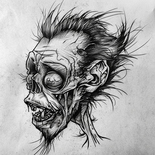 Bold tattoo of a shrunken head with intense shading
