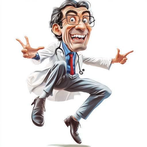 Humorous caricature of a doctor with human characteristics