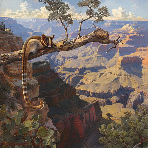 A flying squirrel basking in the sun on a branch overlooking the Grand Canyon