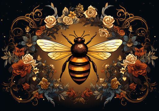 Golden queen bee with crown on flower wreath