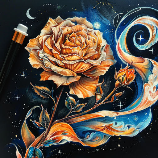 Dreamy tattoo sketch of an amber rose under a starry night sky