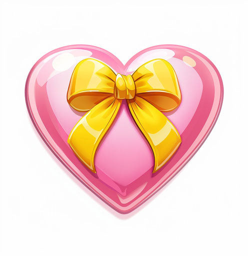 Pink heart with yellow ribbon and bow, in the style of #screenshotsaturday, iconic 27:28