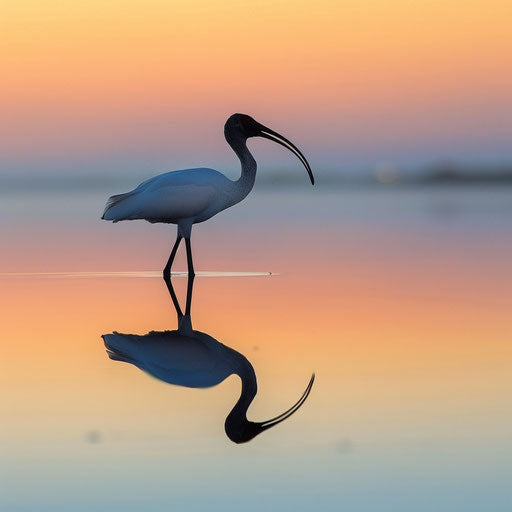 Ibis near reflective water surface at dawn