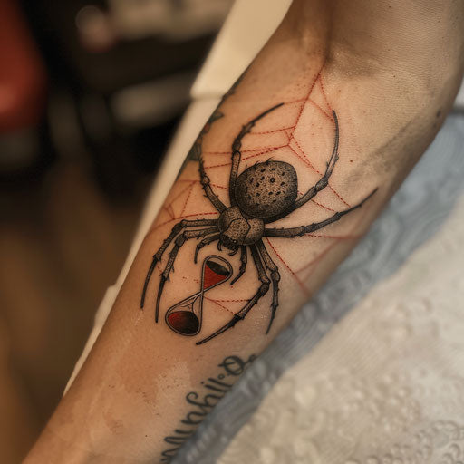 Enchanting black widow spider tattoo with red hourglass mark