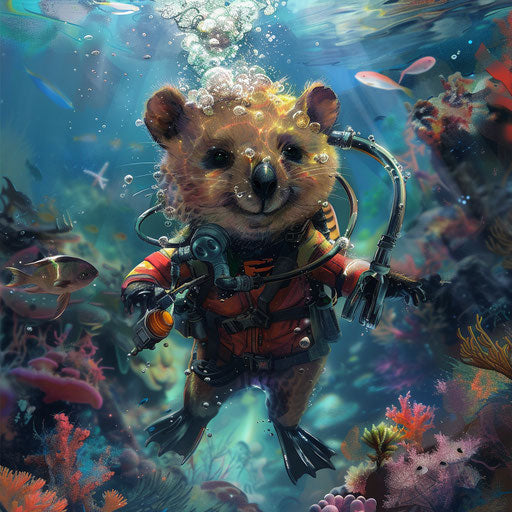 Quokka as deep-sea diver exploring coral reefs and underwater wonders