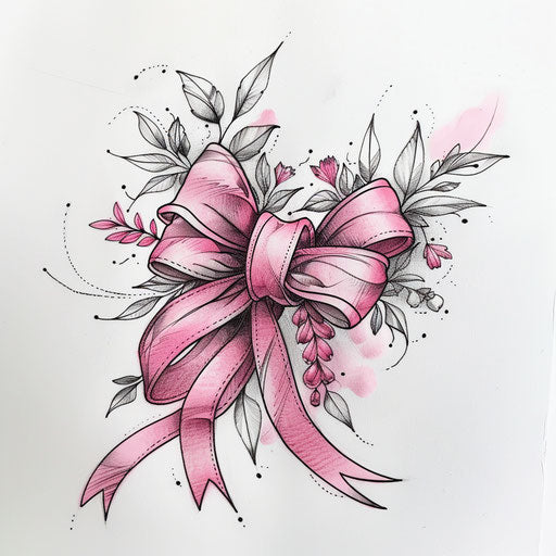 Romantic flat tattoo of pink ribbon tied in bow with floral accents