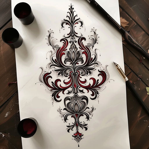 Flat tattoo sketch of a gothic-style black clover with baroque ornamental detailing in deep red