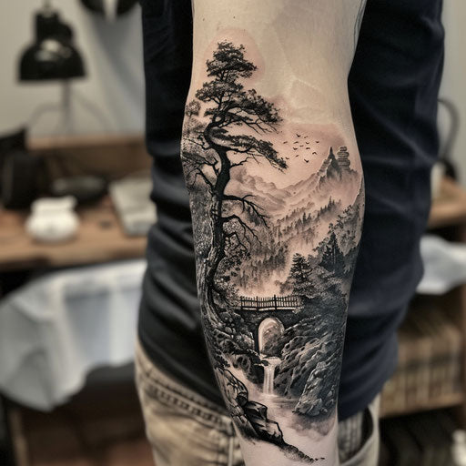 Fantasy landscape arm tattoo in the style of Peter Jackson