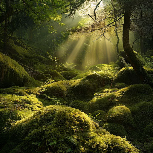 Enchanted mossy forest bathed in morning light