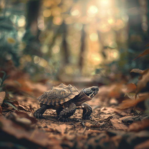 Young snapping turtle moving through the forest floor